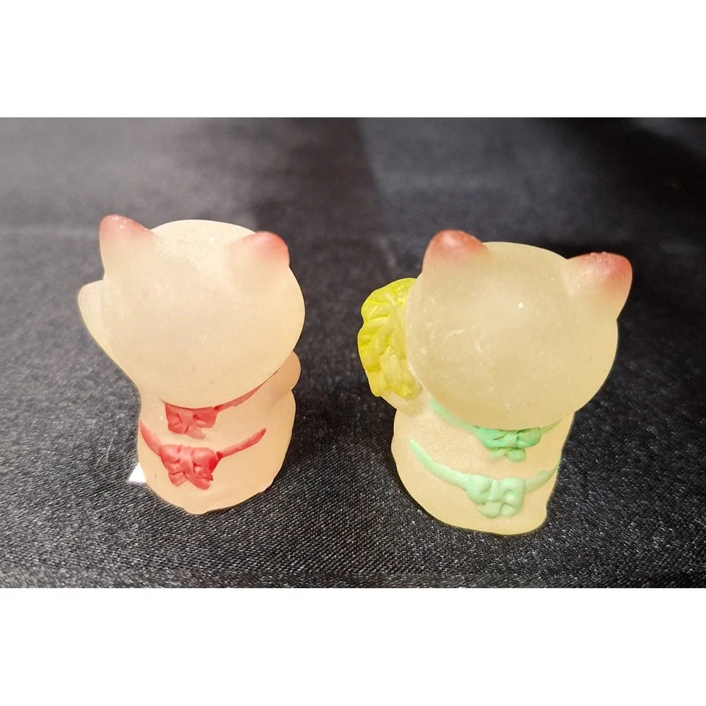 Miniature Frosted Glass Maneki Neko Lucky Cat Figurines Set of 2 Pink Yellow